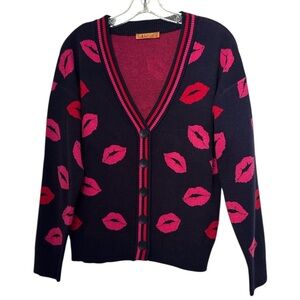 Belldini Black and Pink Lip Print Cardigan size L